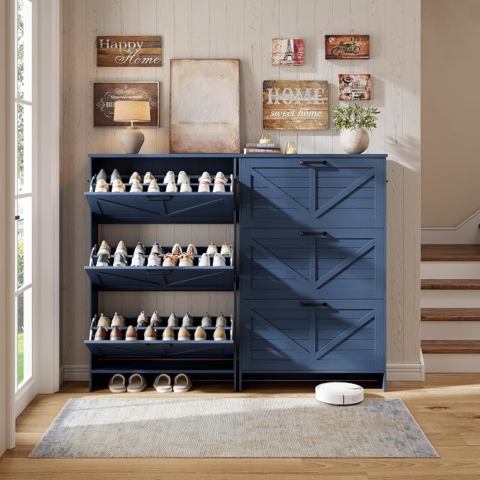 Nicetree 3-Drawer Flip Shoe Cabinet – Shaker Barn Door Accent, Farmhouse Blue Finish – Ultra Slim Freestanding Design with 3-Tier Adjustable Shelves – Space-Saving Shoe Organizer for Entryway or Foyer