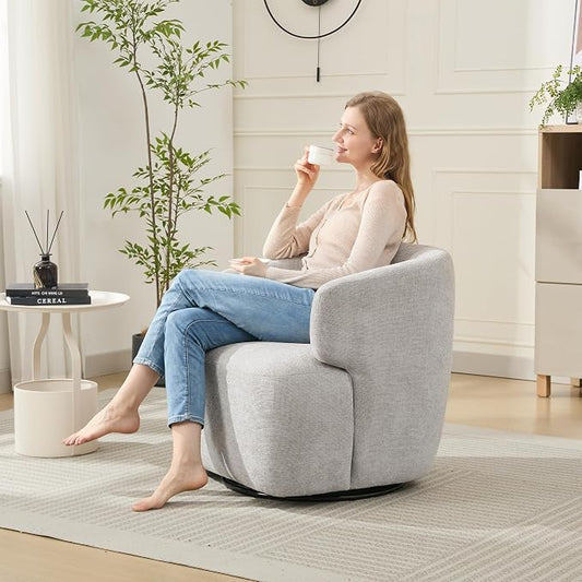SOFTHION Swivel Accent Chair, Chenille Barrel Chair for Living Room, Cozy Round Boucle Arm Chair, Metal Base for Club Nursery Bedroom, Light Grey