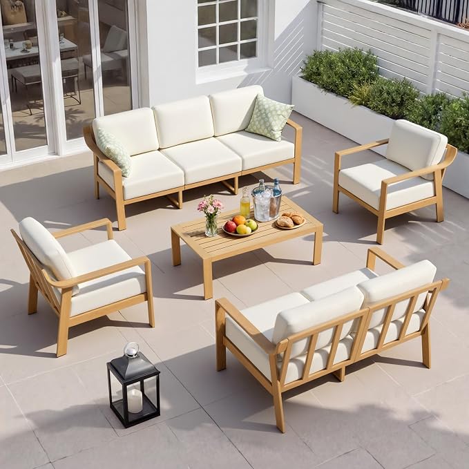 KISLOT Aluminum Outdoor Patio Furniture Loveseat,2 Seater Outside Patio Sofa with Washable Thick Cushion, Patio Sofa Couch for Porch, Balcony, Deck, Yard,Wood-Grain Frame