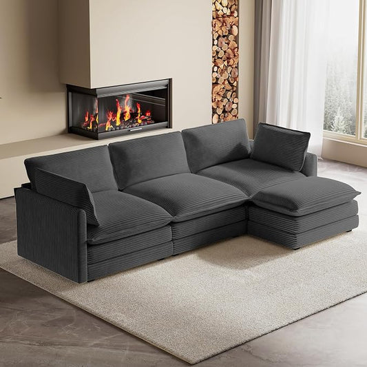 ROWHY 104'' Modular Sectional Cloud Couch with Movable Ottoman, 4 Seat Modern Corduroy Sofa, Deep Seat L Shaped Couch for Living Room Bedroom Apartment, Dark Grey