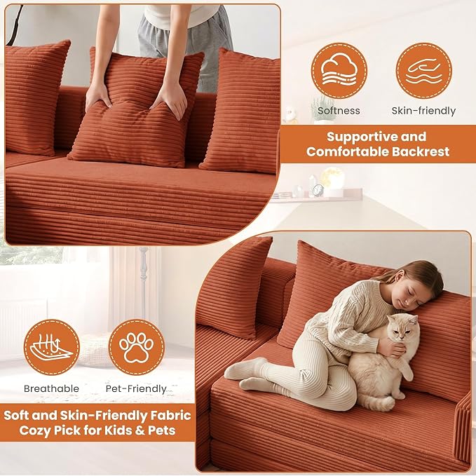65" Modular Sectional Sofa, Boneless Convertible Sleeper Sofa Bed, Modern Tri-Folding Cloud Couch with L-Shape Chaise, Corduroy Futon Couches for Small Spaces Apartment,No Assembly, Orange