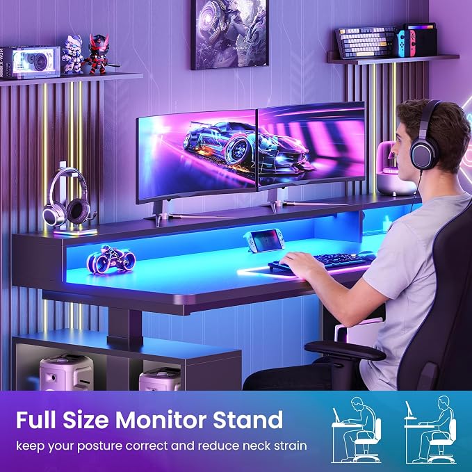 SEDETA L Shaped Gaming Standing Desk, 63 inch Height Adjustable Office Executive Desk with Storage Shelves and Monitor Stand, Computer Gaming Desk with Power Outlet, LED Lights for Home Office, Black