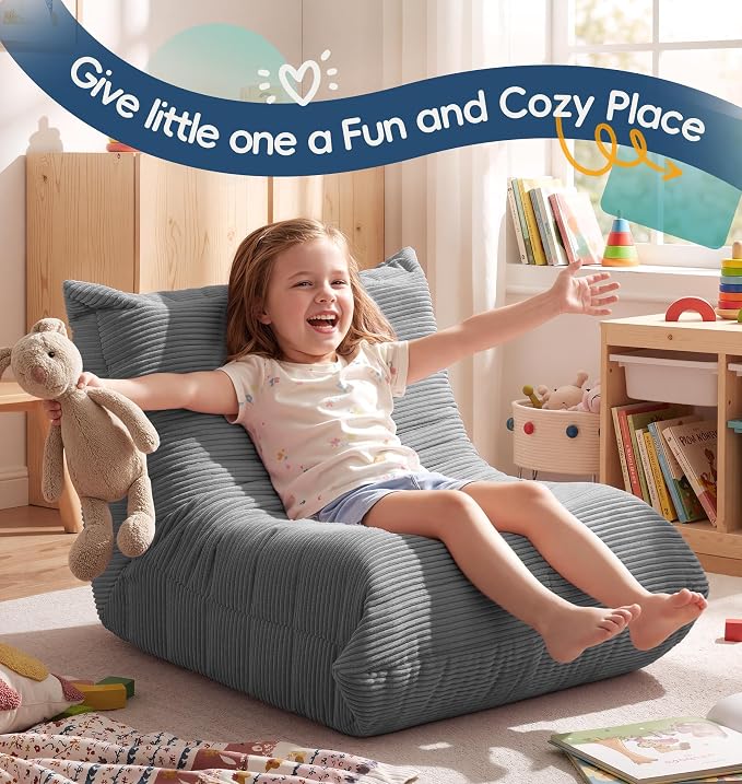 Hobestluk Small Bean Bag Chair Faux Fur Fabric BeanBag Couch for Playroom | Grey Corduroy,Ergonomic Design,Memory Foam,Strong Supportive,No Assembly Required,Decorative Style for Living Room Bedroom