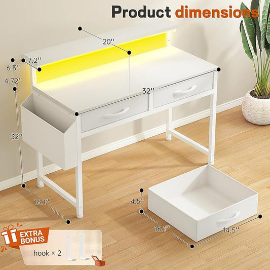 DurayLoly 32" Computer Desk with 2Drawers and Side Pocket for Teenagers,Office Desk with Monitor Stand and LED Lights, Study Writing Table with Anti-Tip Design for Small Spaces,Glacier White