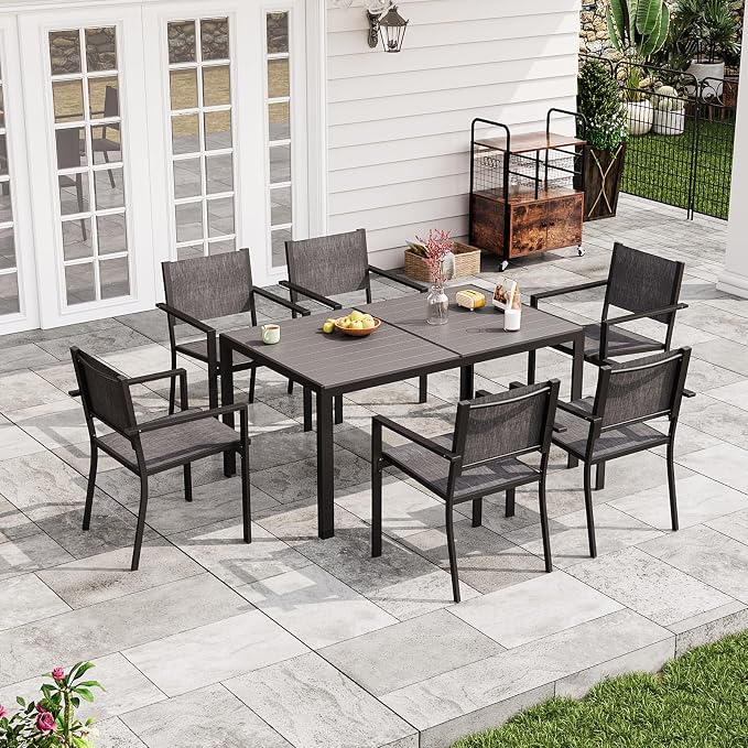 Aoxun 7-Piece Patio Table and Chairs Set for 6, All Weather Outdoor Dining Set with 6 Textilene Chairs and 1 Rectangular Metal Table, Patio Dining Sets for Backyard, Garden and Poolside, Grey