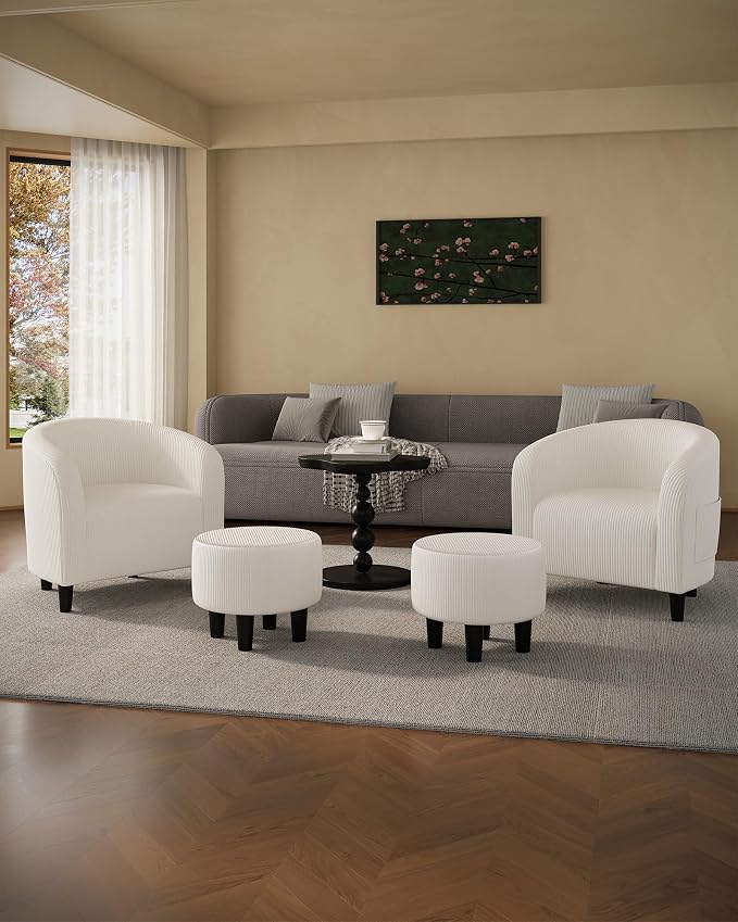 GarveeHome Accent Chair with Ottoman, Corduroy Barrel Chair for Living Room, Comfy Armchair with Footrest for Small Spaces, Reading Nook Chair, Beige