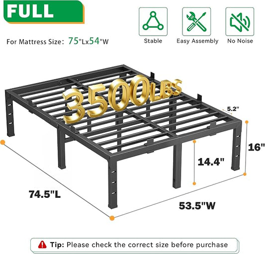 16 Inch Full Size Bed Frames, Heavy Duty Metal Platform 3500 lbs Capacity, No Box Spring Needed, 6 Mattress Slide Stopper, Headboard Holes, Noise-Free, Easy Assembly