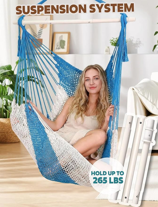 Chihee Handwoven Cotton Hammock Chair Large Hanging Rope Chair 7.9ft with Detachable Strong Metal Spreader Bar, Breathable Net Swing Seat Color Blocking, Portable with Carry Bag, Indoor Outdoor Use