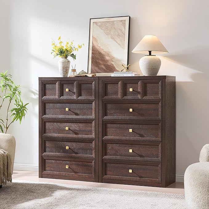 5 Drawers Dresser for Bedroom, 45.7" Tall Large Dresser & Chests of Drawers with Metal Handle, Clothes Storage Organizer w/Natural Texture for Bedroom, Living Room, Brown