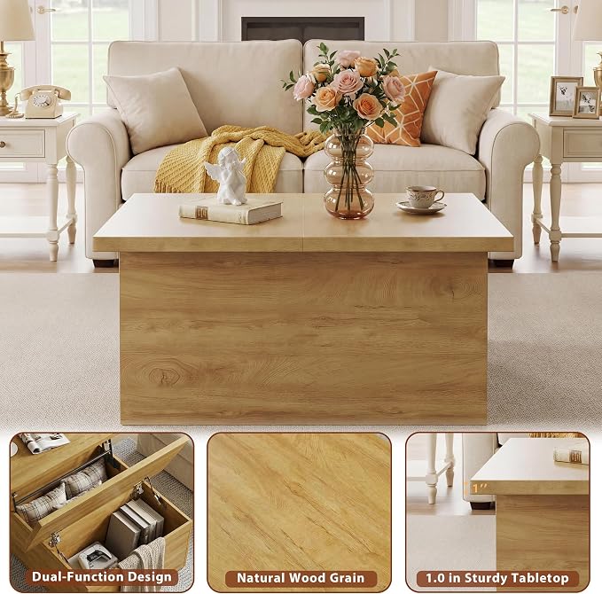HUAHUU Lift Top Coffee Table, 4 in 1 Square Coffee Table with Storage, 31.5" Coffee Tables with Lifting Top, Center Table with Large Hidden Storage Space for Living Room, Home Office, Natural
