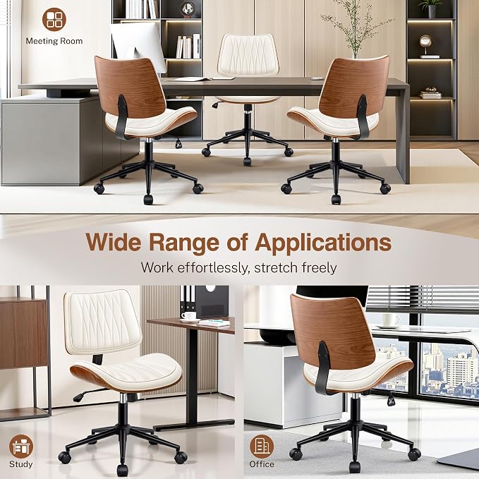Ergonomic Armless Office Desk Chair - Mid-Century Modern White Faux Leather with Diamond Stitch, Adjustable Height Swivel Rolling Task Computer Chair with Walnut Accent for Home Office, Study & Work