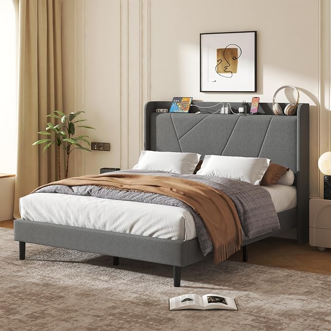 Full Size Linen Bed Frame, Storage Headboard with Charging Station, Upholstered Platform Bed with Wooden Slats Support, Solid and Stable, Noise Free, No Box Spring Needed, Easy Assembly, Gray