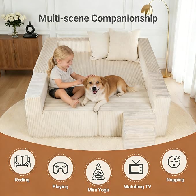 128" U-Shaped Modular Sofa, Modern Cloud Couch with Double Chaise, Sectional Boneless Couch with Pillows, Deep Seat Sofa for Living Room Bedroom, No Assembly Required, Khaki