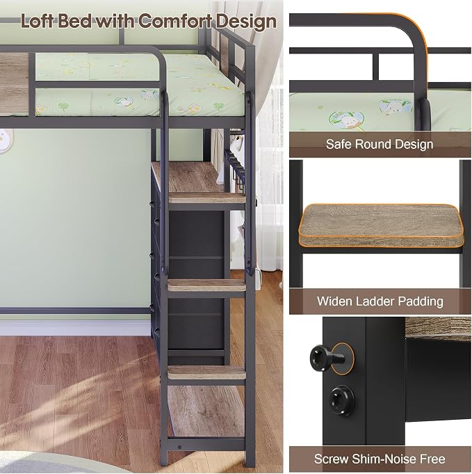 Dnxao Full Size Loft Bed with Desk, Heavy Duty Metal Bed Frame for Teens Adults, 6 Storage Drawers, Power Outlet with Type-C, LED Lights, Integrated Study Workstation for Small Room,Oak Gray