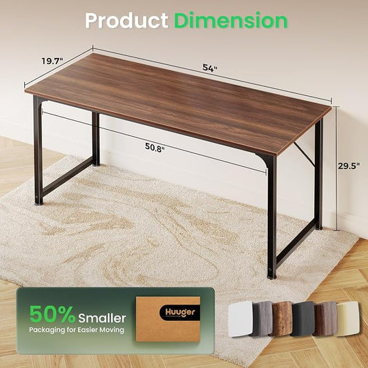 Huuger Computer Desk, 54 Inch Office Desk, Gaming Desk with Storage, Writing Desk Work Desk for Home Office, Study, Modern Simple Desk, Large Legroom, Metal Frame, Walnut