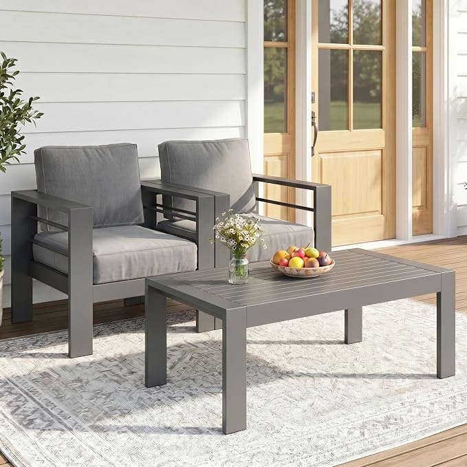 Solaste Aluminum Patio Sofa with Coffee Table,3 PCS Patio Furniture Set with Cushions, All-Weather Outdoor Sofa for Balcony, Deck, Backyard, Porch, Garden, Dark Grey