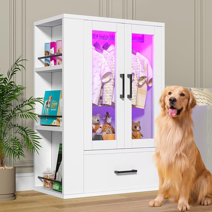 Wooden Dog Closet with LED Lights, Pet Wardrobe Organizer | Storage Cabinet for Dog & Cat Clothes, Toys, Food | Multi-Use Furniture, White