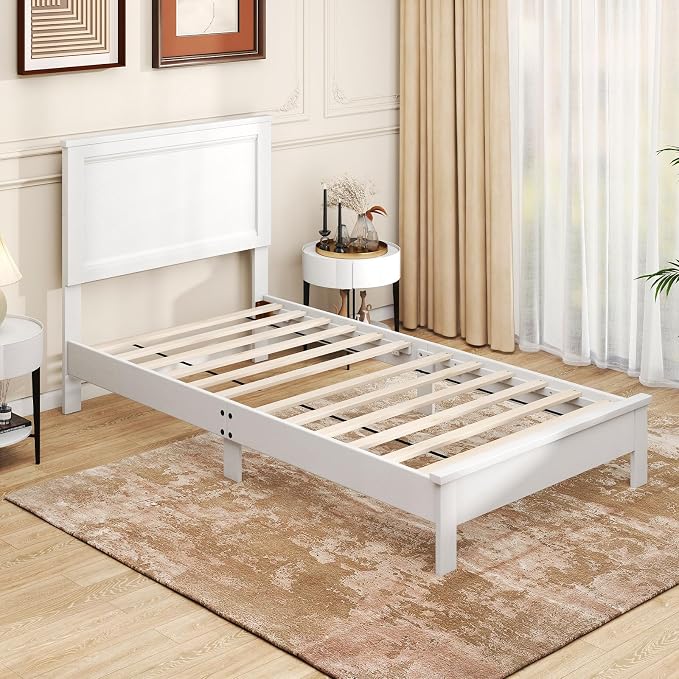 GOFLAME Twin Size Wood Bed Frame, Mid-Century Modern Platform Bed with Headboard, Solid Wood Legs, Mattress Foundation with 12 Wooden Slats, No Box Spring Needed, White