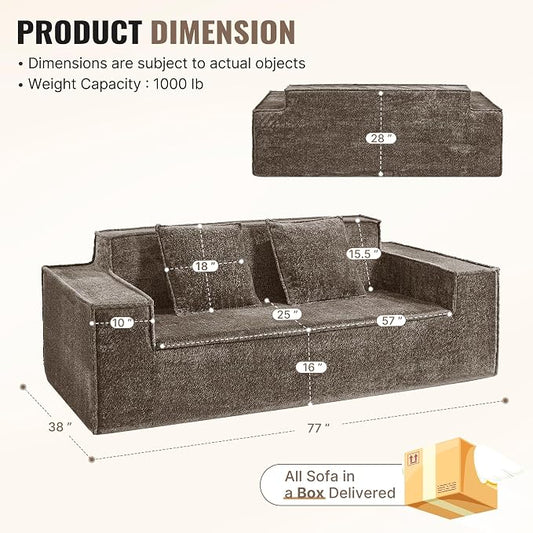 77'' Modern Cloud Loveseat Sofa in Chenille, Deep Seat Boneless Couches Includes 2 pcs Pillows for Living Room, Bedroom, Apartment(Coffe)