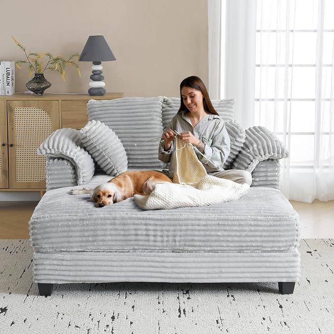 VINGLI 56" Oversized Chaise Lounge Chair, Light Grey Comfy Corduroy Chaise Sofa Recliner Bed Upholstered Sleeper Couch Bed with Throw Pillows and Armrests for Living Room, Movie Room, Bedroom