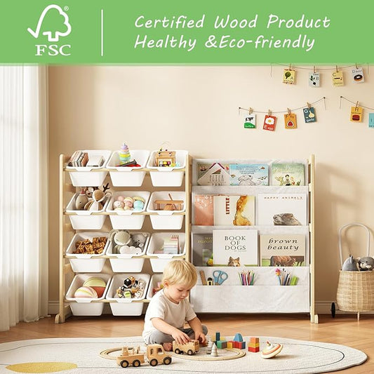 EXPERLAM Toy Storage Organizer with Bookshelf, Kids Toy Organizer and Storage Shelf with 12 White Bins, Solid Pine Wood Book Rack for Playroom, Nursery, Kids Room, Toys and Books