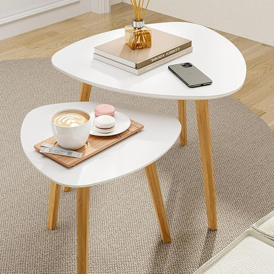 BAMEOS Bamboo Nesting Triangle End Table,Set of 2 Side Table Modern Minimalist Coffee Table for Living Room, Balcony in White