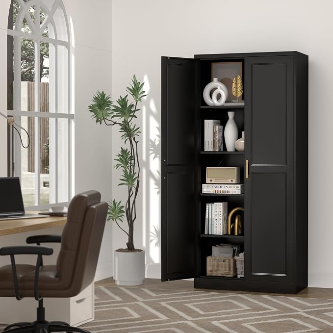UNICOLY 71" Kitchen Pantry Cabinet, Pantry Storage Cabinet with Doors and 4 Shelves, Metal Storage Cabinets for Kitchens, Living Room, Dinning Room, Assembly Required, Black