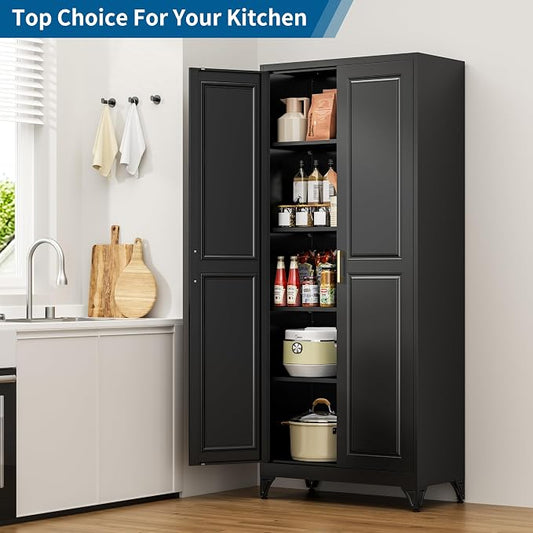 75" Metal Storage Cabinet with 4 Adjustable Shelves, Large Black Steel Pantry Cabinet with Doors, 180 lbs Max Load Per Shelf, Heavy Duty Utility Organizer for Garage & Workshop