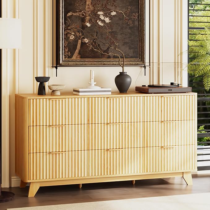 VINGLI Fluted 9 Drawer Dresser for Bedroom, Wood Dresser with Rounded Edges, 57" Long Dressers Oak, Natural Wood Color, 57" W*15.75" D*29.92" H