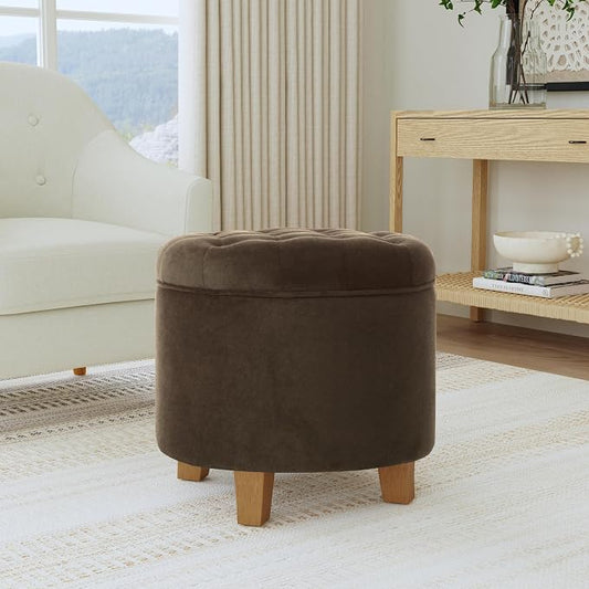 HomePop 19" Velvet Button Tufted Round Storage Ottoman - Brown Velvet