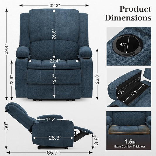 Yolsali Recliner Chairs for Adults, Oversize Manual Reclining Chair with 2-Tier Cushions, Recliner Chair with Hidden Storage Space, Living Room Recliner Chairs with Cup Holders - Fabric Blue