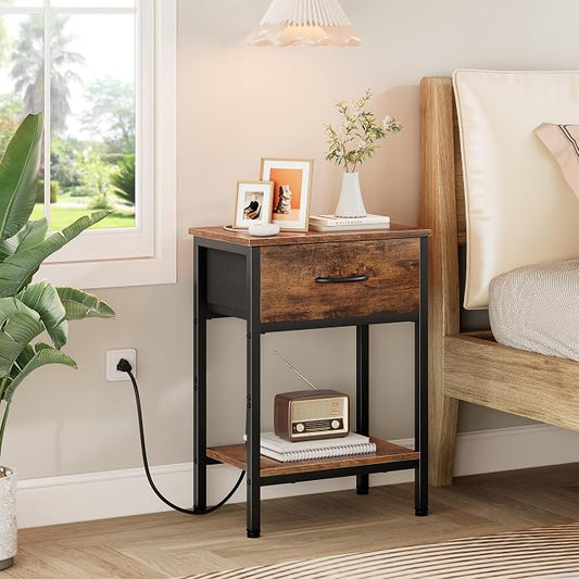 Vagusicc Nightstand Set of 2 with Charging Station, Bed Side Table with Fabric Drawer, Small End Table with 2-Tier Storage Shelves, 25.4" Tall Bedside Table, Night Stand for Bedroom Dorm, Rustic Brown