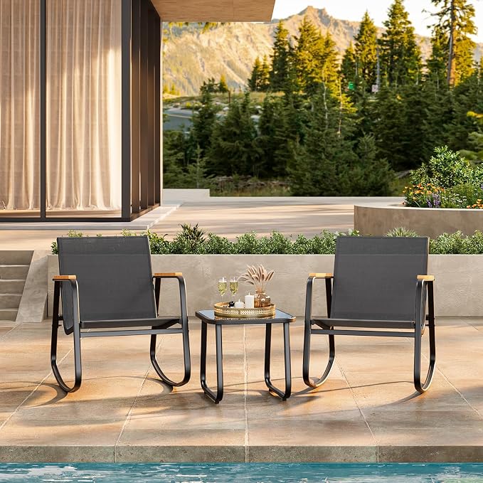 Ahomly 3 Pieces Patio Furniture Set Textilene Fabric Outdoor Patio Rocking Bistro Set with Wooden Armrests and Coffee Table for Lawn, Porch, Balcony, Poolside, Black