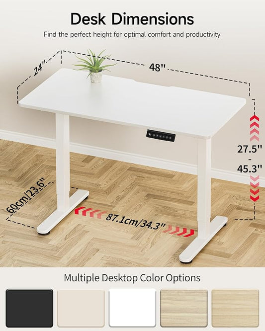 Okin Standing Desk Electric Adjustable Computer Whole Piece Stand up Desk Office Gaming Home Office Memory Desks 48x24 inches White