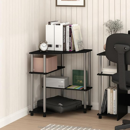 Furinno TURN-N-TUBE Desk, Corner Gaming Desk with Storage Shelves, Corner Computer Desk, Office Desk for Home Office, Bedroom, Americano/Stainless Steel Tubes