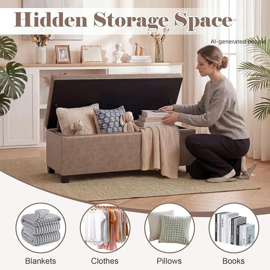 Asense Storage Ottoman Bench,42 inch Wide Upholstered Faux Leather Rectangular Ottoman with Legs,Safety Hinge Storage Bench for Living Room,Bedroom,Entryway