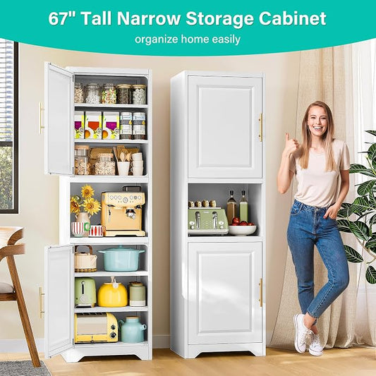 SISESOL 67" Tall Narrow Storage Cabinet with 2 Door and 7 Shelves,Slim Kitchen Pantry Cabinet,White Metal Bathroom Cabinets,Large Cupboard for Home,Kitchen,Laundry,Bathroom