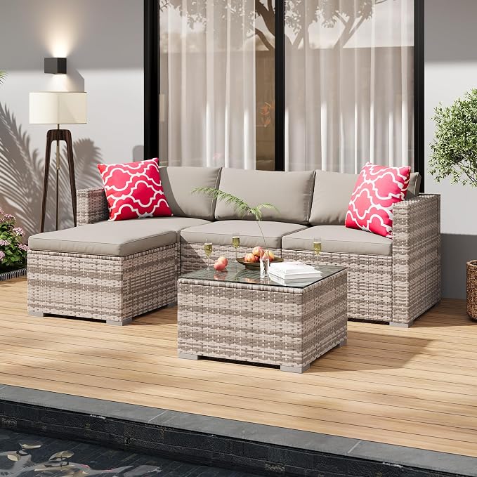 5-Piece Outdoor Sectional Sofa Set, All-Weather PE Rattan Patio Furniture with Ottoman & Tempered Glass Table, Convertible Garden Couch for Backyard, Porch, Poolside (Gray)