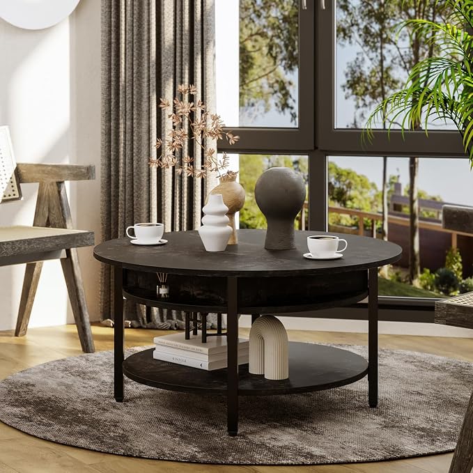 FABATO Round Lift Top Coffee Table with Storage and Hidden Compartment, 26.77'' Farmhouse Coffee Table for Living Room Reception Room, 2 Tier Small Round Coffee Table Circle Dining Table, Black Oak | Lift Top