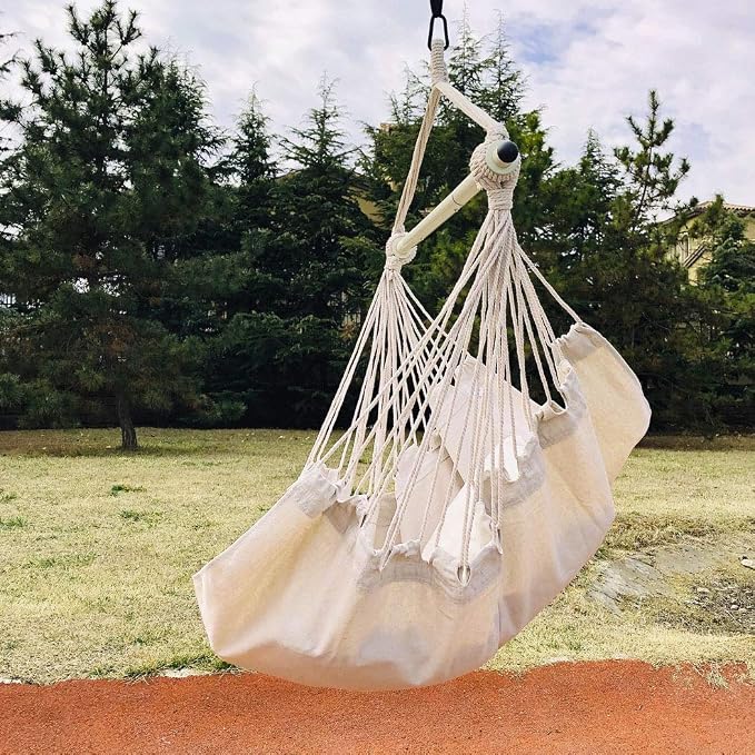 Highwild Hammock Chair Hanging Rope Swing - Max 500 Lbs - Steel Spreader Bar with Anti-Slip Rings - for Any Indoor or Outdoor Spaces (Beige)