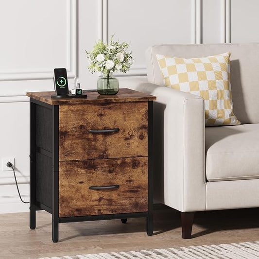 Vagusicc Nightstand with Charging Station, Bedside Table with USB Ports and Outlet, End Table Side Table with 2 Fabric Drawers for Bedroom, Living Room, Rustic Brown