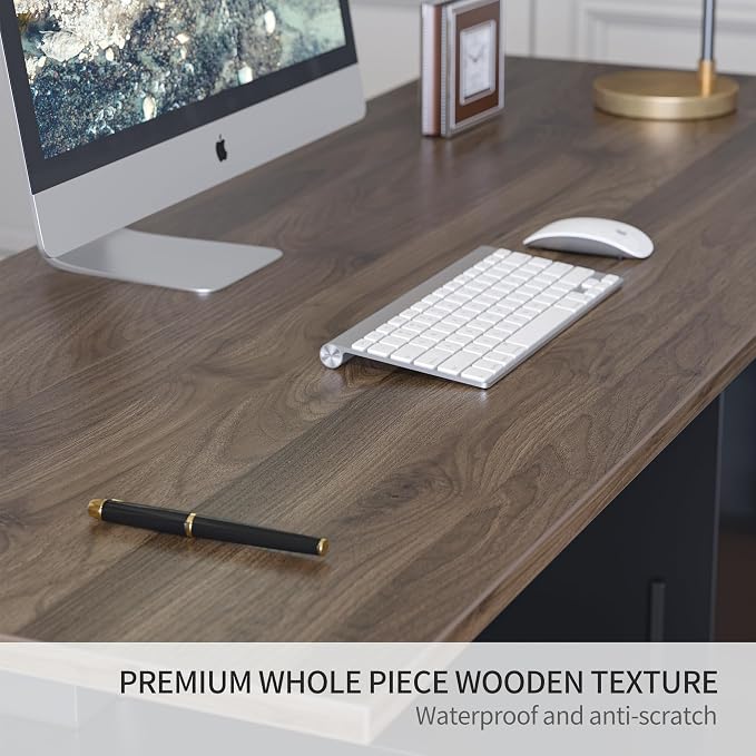 FEZIBO L Shaped Standing Desk, 63 inch Executive Standing Desk, Adjustable Height Desk with Storage Drawers for Home Office, Deep Wood Grainy