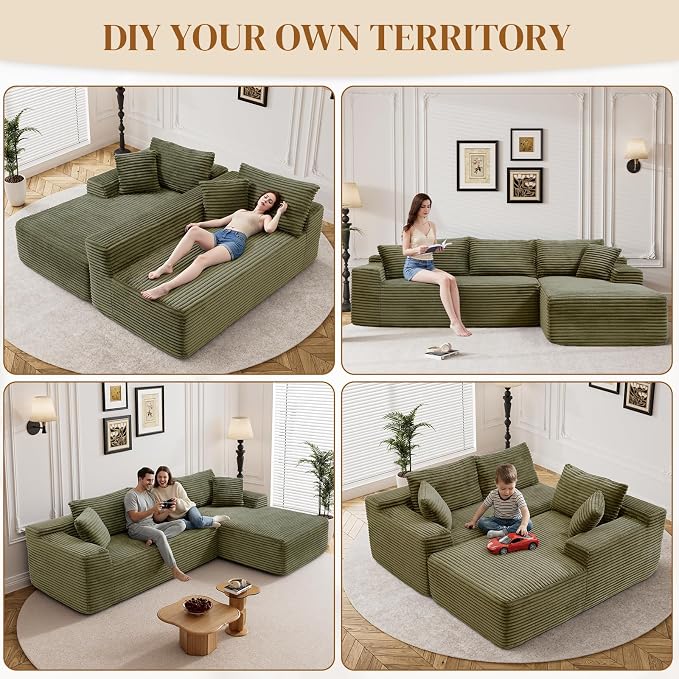 95" L Shaped Boneless Sectional Couches, Wide Armrest, Deep Seat, Memory Foam, Assembly Free, Modern Comfy Corduroy Fluffy Cloud Sofa with Right Chaise for Living Room, Small Spaces, Green