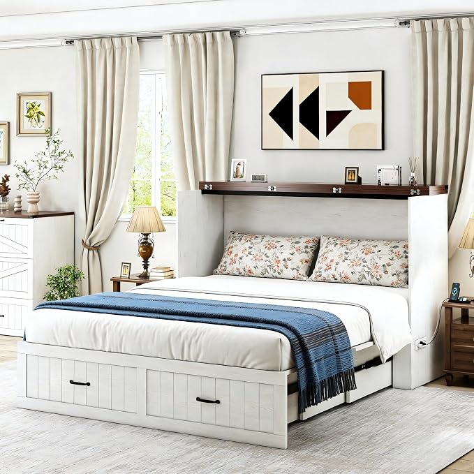 Full Murphy Bed with Charging Station, Farmhouse Noisy-Free Foldable Cabinet Bed Frame with Storage Drawer, Space Saving Hideaway Wall Bed for Guest Bedroom, Living Room, Office, White