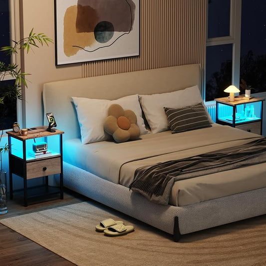 LOAKEKEL Nightstand with Charging Station, End Table with Fabric Drawer, LED Night Stand for Bedroom, Small Bed Side Table with USB Ports and Outlets, Grey, HETS01GY-1