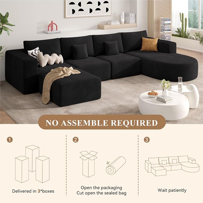 134" Boneless Couches for Living Room,Large U-Shaped Modular Sectional Sofa with Convertible Ottoman,Modern Cozy Cloud Couch in a Box,Sponge Compression Deep Seat Sofas with Chaise,Black,1pcs