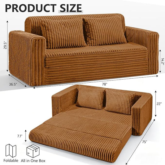 HABUTWAY 78" Loveseat Boneless Couch, 4-in-1 Convertible Sofa Bed, Plush Fur Folding Futon Sofa Bed Couches with 2 Pillows for Living Room, High-Density Foam Support, No Assembly Required, Orange