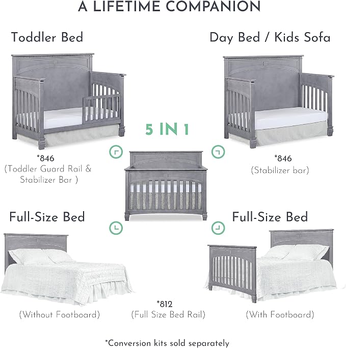 Evolur Santa Fe 5-in-1 Convertible Crib in Storm Grey, Greenguard Gold Certified, Features 3 Mattress Heights, Wooden Nursery and Bedroom Furniture, Baby Crib