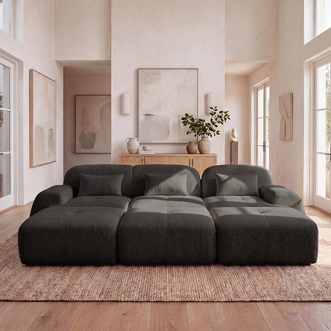 118'' Modular Sectional Cloud Couch Boneless Couches, Oversize Curved Sectional Couches for Living Room, Deep Seat Couch Lambswool Sofa with Ottoman & Throw Pillows, No Assembly, HR Foam