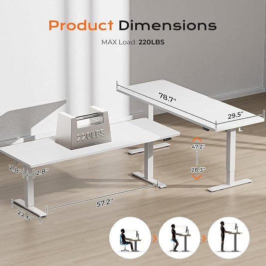 Huuger 78.7'' x 29.5'' Large Electric Standing Desk, Height Adjustable Computer Desk, 29.5" Deep Desktop, Stand up Gaming Office Desk with 2 Hooks, 3 Preset Heights, for Home Office, White